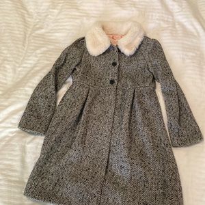 Girls dress coat, herringbone tweed, satin lining, faux fur collar